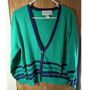 Vntg bedford fair 100 silk cardigan green navy stripe retro 80s 90s sweater m